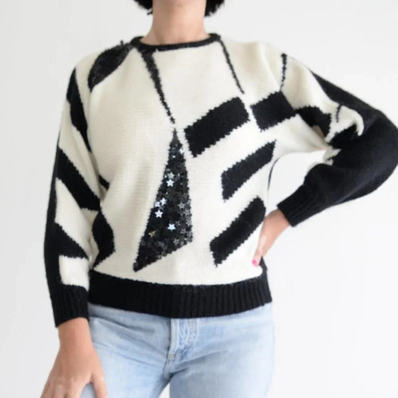 Vintage  Liana Petites Black & Cream Geometric Shapes Knit Crewneck Sweater S - Picture 2 of 13